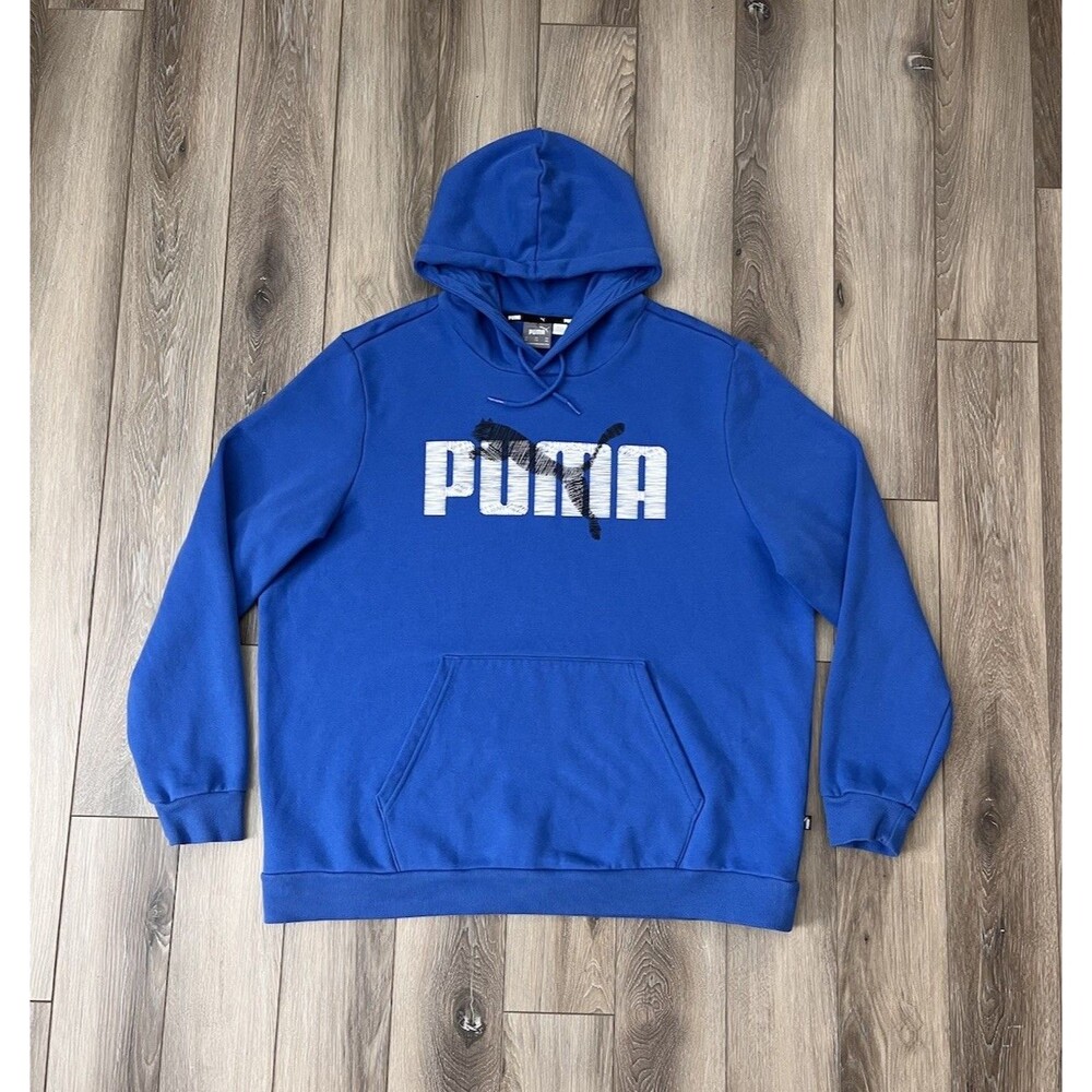Puma Hoodie Mens Sz XXL Blue/White Logo Fleece Pullover Sweatshirt Gym Training